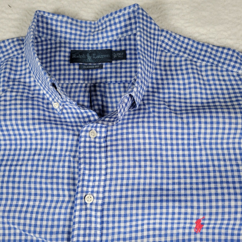 Ralph Lauren Shirt Mens 2XLT Blue Gingham 100% Linen Short Sleeve Classic Fit